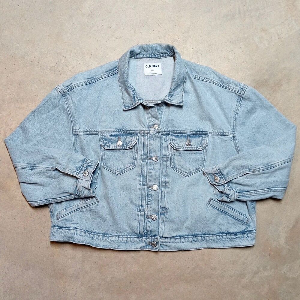 Old Navy Denim Jacket Women XXL Cropped Trucker Biker Grunge Light Wash Jean - Picture 2 of 11